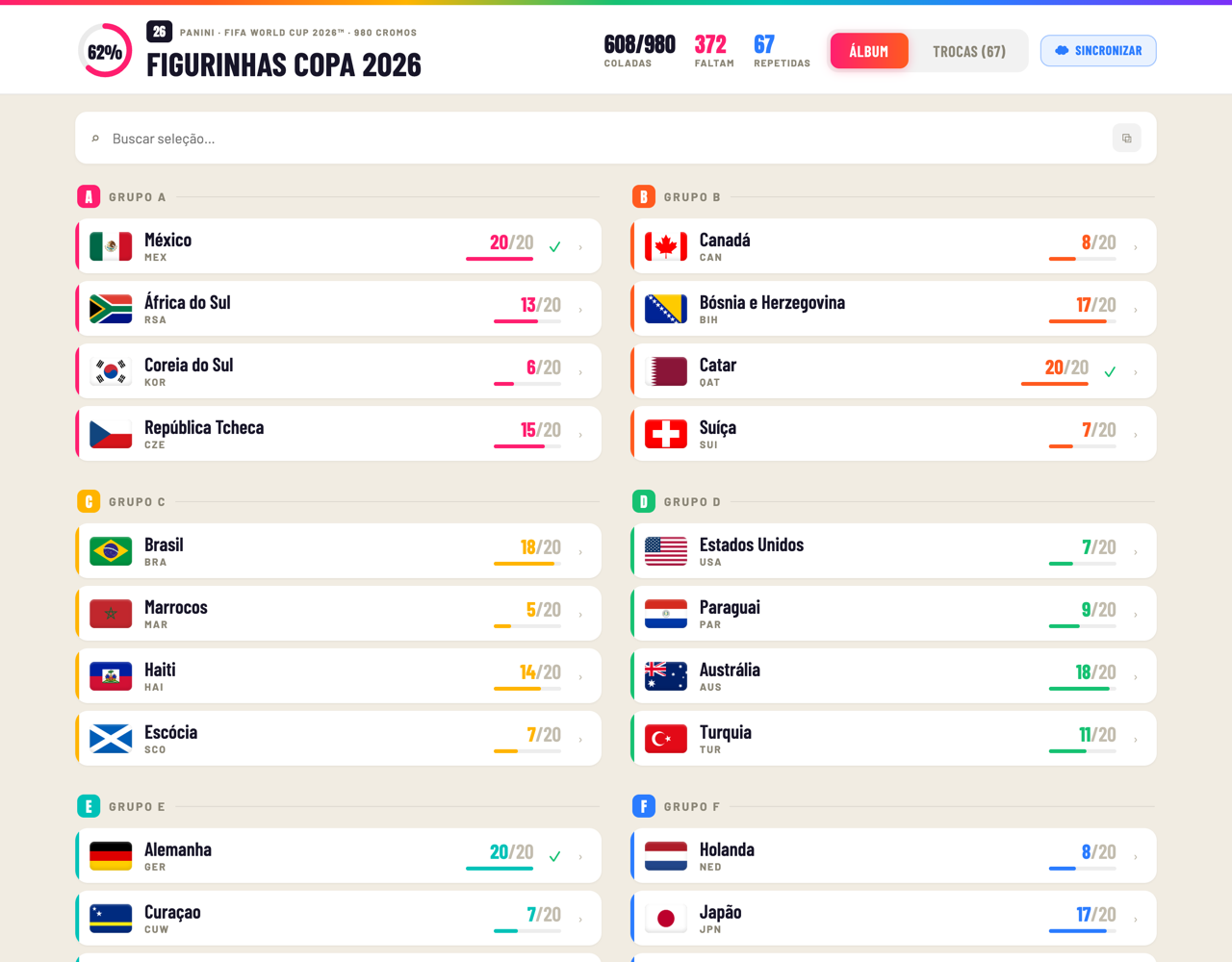 Tela inicial do app Figurinhas da Copa 2026 com o progresso do álbum